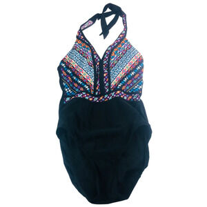 Womens Halter Tie One Piece Swimsuit Deep Neckline Tribal Multicolor Medium